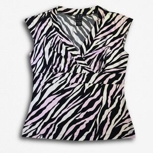 INC International Concepts Pink Black Zebra Print V-Neck Empire Waist Top Large